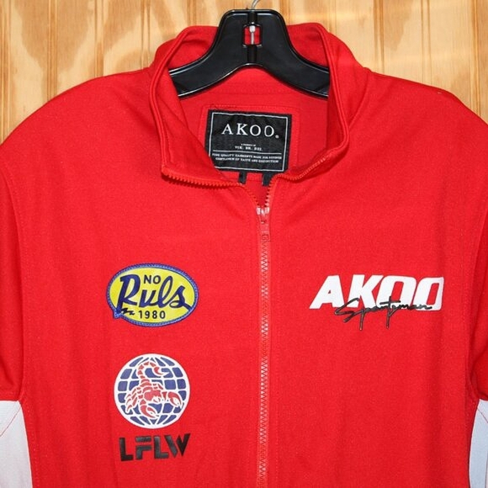 AKOO Red Track Jacket with Patches & Flame Detail - Size L